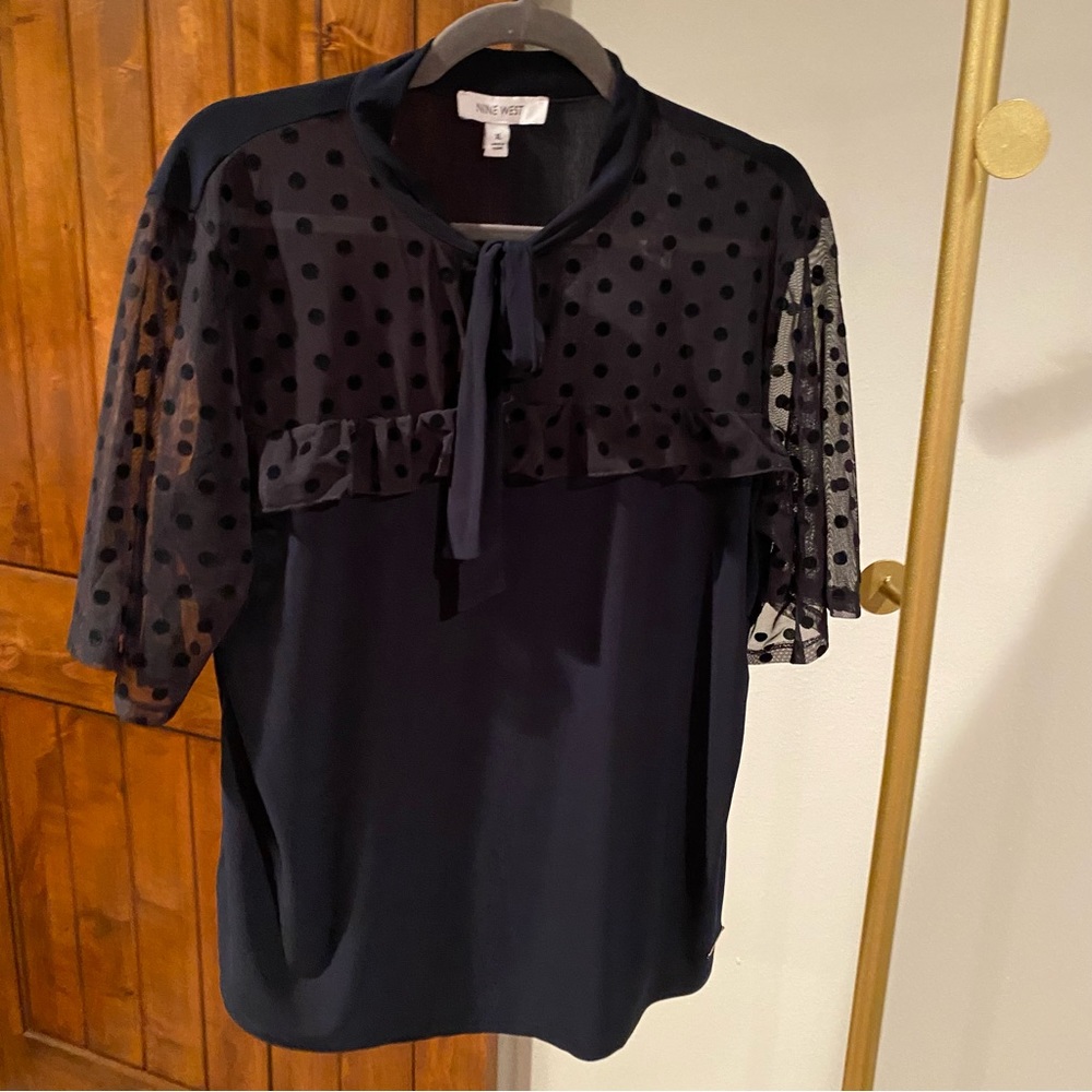 Nine West Short Sleeve Blouse with Tie Neck and Sheer Upper/Sleeves Navy…